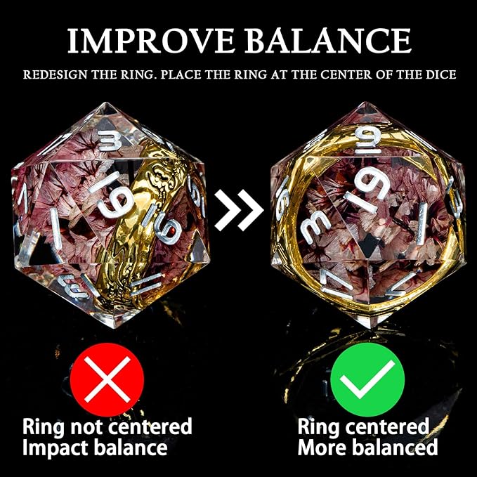 Magic Golden Ring DND Dice Set Sharp Edge Resin Dice with Case, Pink Flower Lord D and D Dice for use with D&D RPG Role Playing Games, Polyhedral Dice Set D20 D12 D10 D8 D6