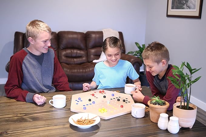 AmishToyBox.com Wahoo Wooden Marble Game Board Set - Large 24" Wide - Solid Maple Wood - Double-Sided - with Large 22mm Marbles and Dice Included
