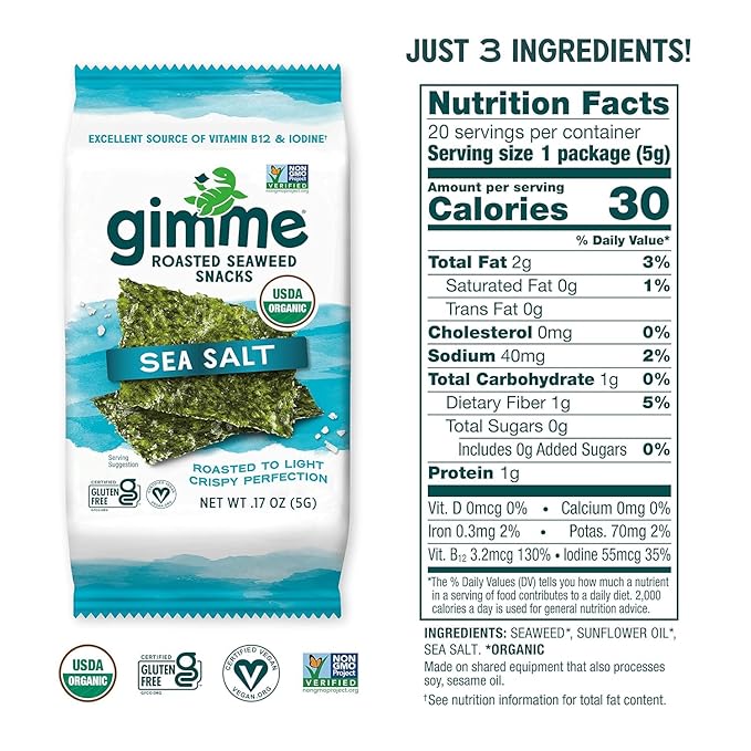 gimMe Organic Roasted Seaweed Sheets, Sea Salt, Keto, Vegan, Gluten Free, Great Source of Iodine and Omega 3’s, Healthy On-The-Go Snack for Kids & Adults, #1 Sea Salt, 0.17 Ounce (Pack of 20)