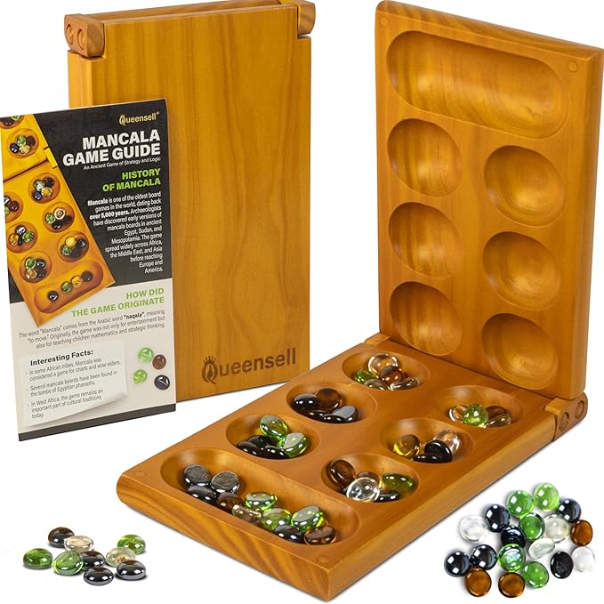 Mancala Board Game with Magnetic Lock – Classic 2-Player Folding Game – Wooden Mancala Set with 56 Glass Pebbles – Mancala Game for Kids and Adults