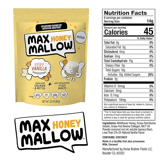 Max Mallow Very Vanilla Mini HONEY Marshmallows – Gut Friendly, Gluten Free, No Refined Sugars, Real Wildflower Honey, Collagen-Infused Snack (6 Pack, Very Vanilla)