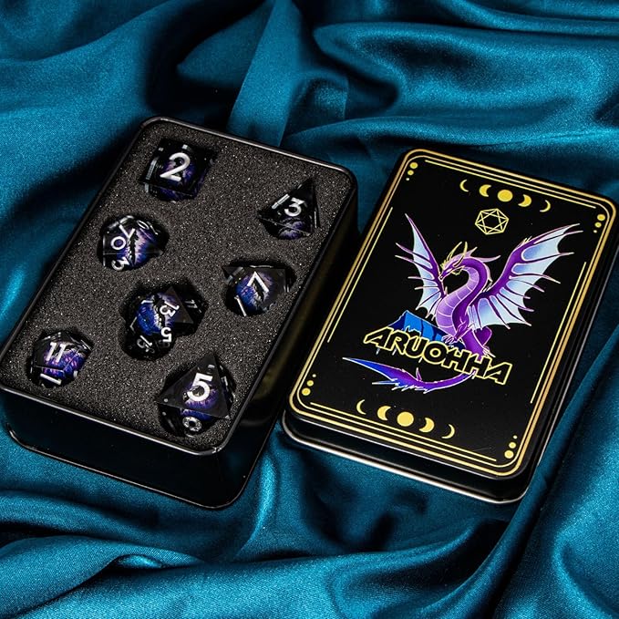 ARUOHHA DND Resin Dice Dragon Eye Dice Liquid Core Purple Sharp Edged Dice Set with Gift Box, Dungeons Polyhedral D and D Dice Set Compatible with D&D Role Playing Game D20 D12 D10 D8 D6