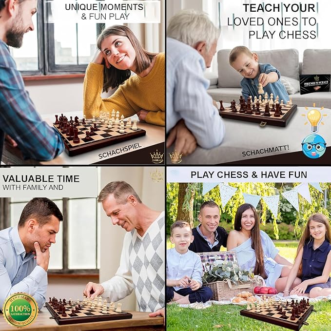 Magnetic Wooden Chess Board Game Set - 15 Inches Chess Sets for Adults and Kids, Foldable Chess Board Game, Handmade Portable Travel Chess Game, Chess Set for Begginers and Pros (Walnut Color)