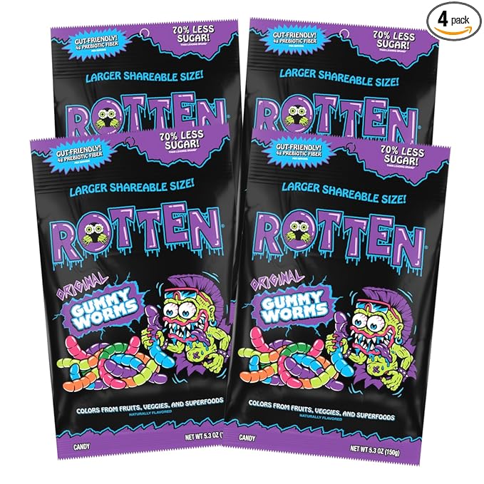 Rotten Original Gummy Worms - Low Sugar, Low Calorie, 7g Gut-Friendly Prebiotic Fiber and 3g Protein, Gluten Free Candy - 5.3 oz Share Pack [4 Pack]