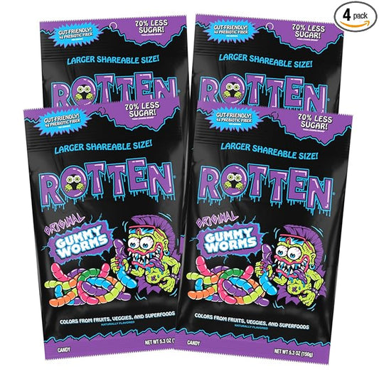 Rotten Original Gummy Worms - Low Sugar, Low Calorie, 7g Gut-Friendly Prebiotic Fiber and 3g Protein, Gluten Free Candy - 5.3 oz Share Pack [4 Pack]