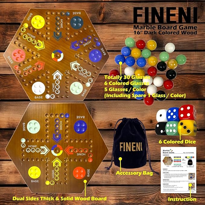 Wooden Board Games, Marble Board Game Original with Dual Sides Fast Track Board Game for 2 to 6 Players, Double Side Marble Game, 6 Colors 30 Marbles Set and 6 Color 6 Dice,Pouch (16" Dark)