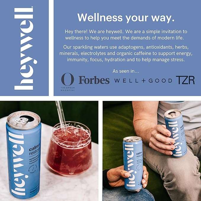 Heywell Sparkling Adaptogenic Water Calm and Restore, Blackberry Ginger Flavor 12 Fluid Ounce (Pack of 12) - Non Caffeinated, Organic, Non GMO, Vegan, Gluten Free, Dairy Free