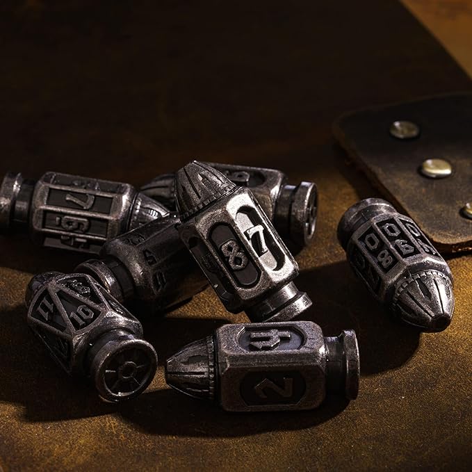 UDIXI Metal DND Dice Set, 7-Die Bullet Polyhedral Dice Set Cool Style with Unique Container for D&D, Role Playing Game or Other Tabletop Games（Silver）