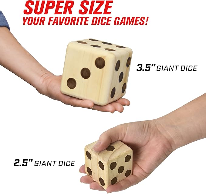 GoSports Giant Wooden Playing Dice Set with Rollzee and Farkle Scoreboard - Includes 6 Dice, Dry-Erase Scoreboard and Canvas Tote Bag - Choose 2.5 Inch or 3.5 Inch Dice)