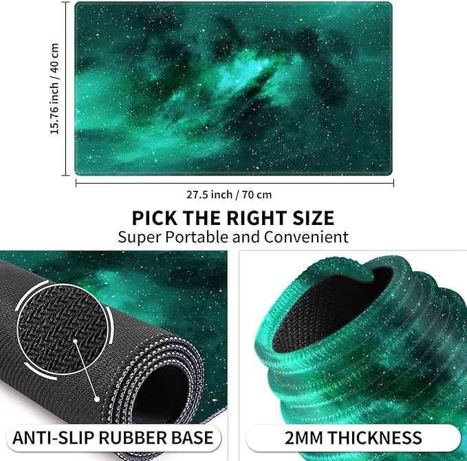 Card Playmat 24" x 14" Game Mat for MTG/TCG Cards, Trading Card Game Stitched Play Mats Original Duel Mat Gaming Competition Pad Board Games Card Binder, Galaxy Green Mana