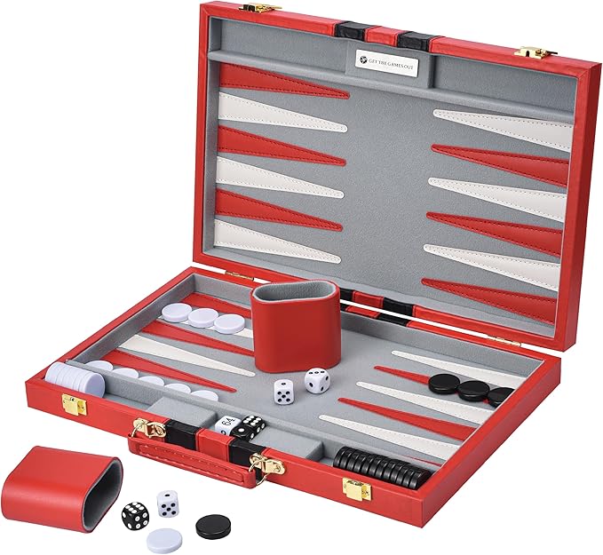 Get The Games Out Top Backgammon Set - Small Travel Size Classic Board Game Case - Best Strategy & Tip Guide (Red, Small)