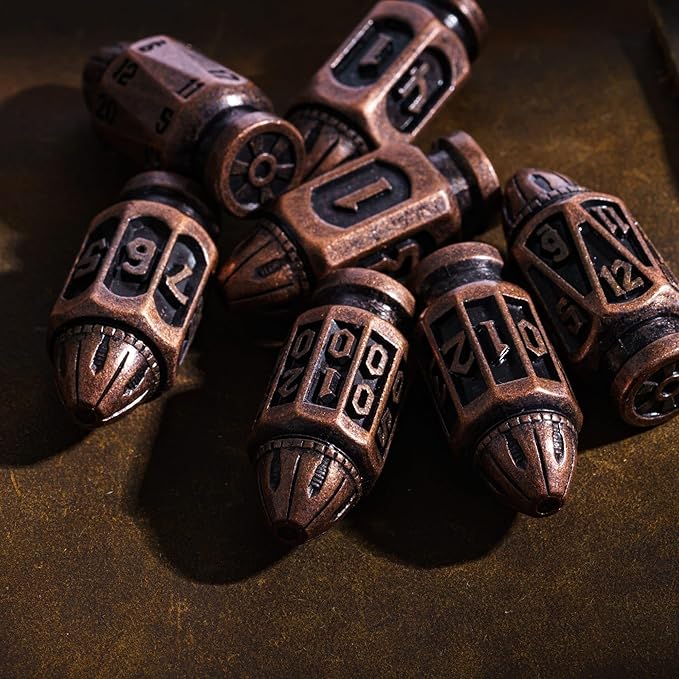 UDIXI Metal DND Bullet Dice Set with Unique Container, 7-Die Solid Polyhedral Metal Dice Set for D&D, Role Playing Game or Other Tabletop Games（Copper）