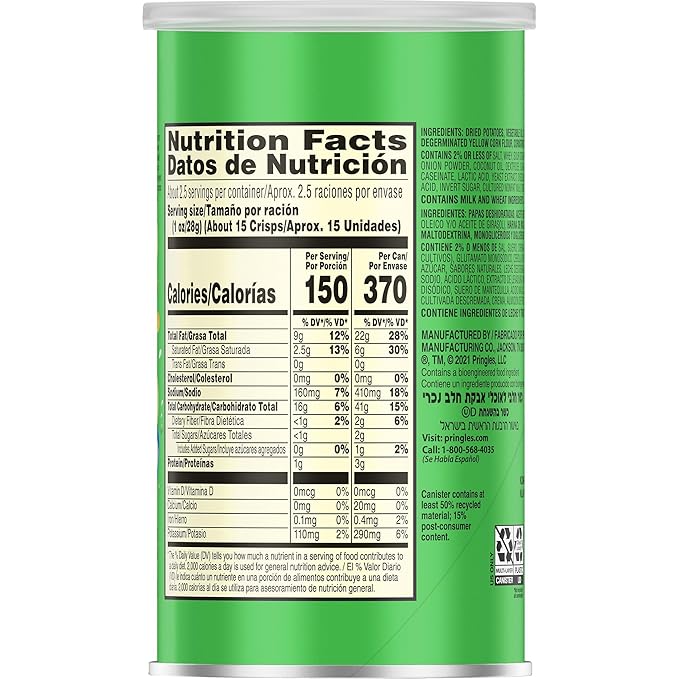 Pringles Potato Crisps Chips, Lunch Snacks, Office and Kids Snacks, Grab N' Go, Sour Cream and Onion (12 Cans)