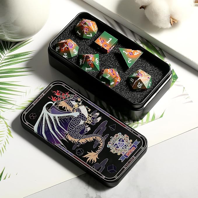 DNDND Metal Dice, 7 PCS Metallic Flowers D&D Dice with Gorgeous Gift Case for DND Dungeons and Dragon Tabletop Game (Army Green and Orange)