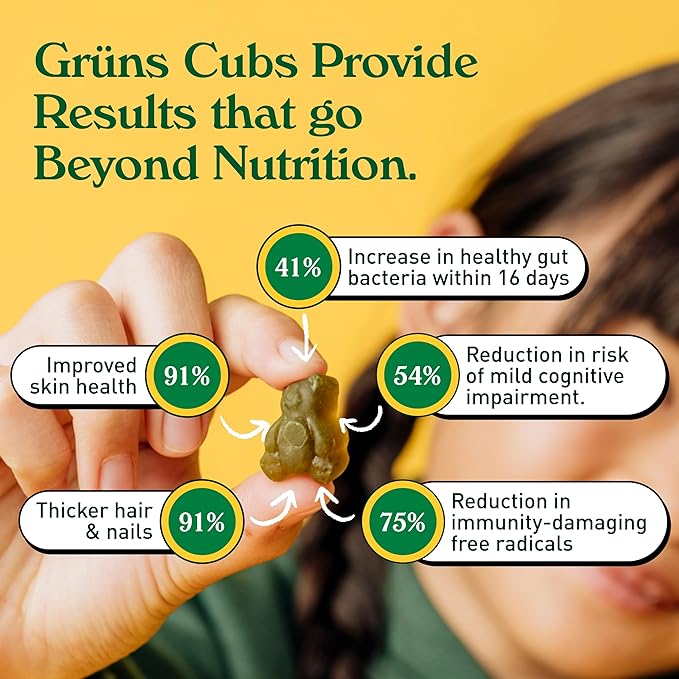 Gruns Kids Vitamins, Super Greens Gummies, Sugar-Free Superfood Gummy Bears With Spirulina, Chlorella, Prebiotics Fiber for Digestive Health, Adaptogens Supplement, 20 Vitamins & Minerals, 28 day Pack