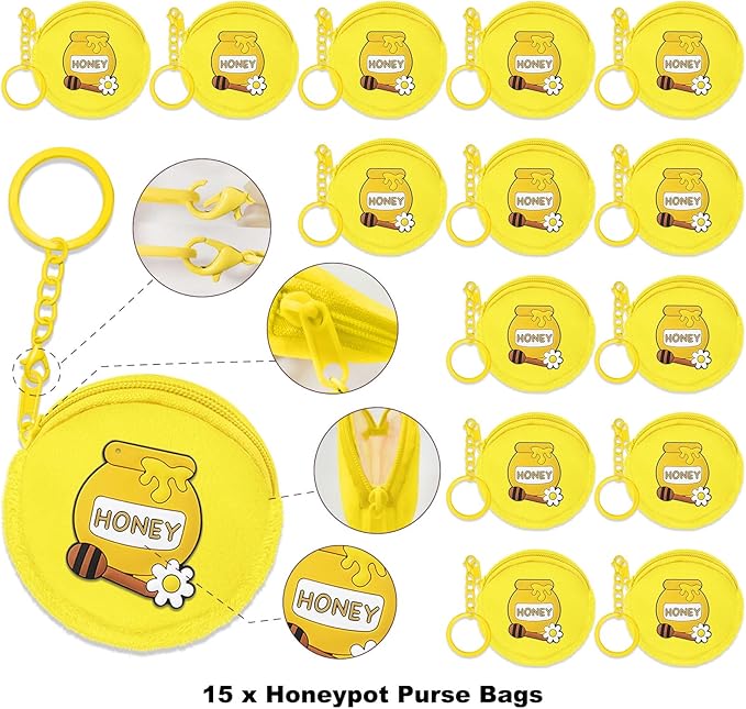 15 Pack Honey Pot Mini Coin Purses with Keyring for Bumble Bee Baby to Bee Baby Shower Gender Reveal Party Supplies,Yellow