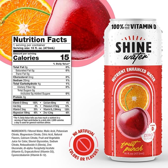 ShineWater Vitamin D Hydration Electrolyte Drink - Flavored water with electrolytes, Sugar-Free, Magnesium, Zinc, Vitamin B12, Folic Acid, Plant-Based, Low Calorie - Fruit Punch Fruit Water 12 Pack