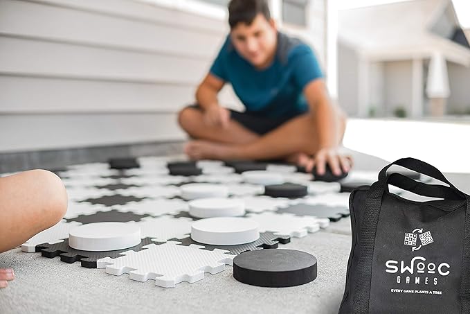 SWOOC Games - 2-in-1 Premium Giant Checkers & Tic Tac Toe Game (4ft x 4ft) - 100% High Density EVA Foam Mat & Pieces - Extra Large Checkers Set with Jumbo Checkerboard and Yard Size Tic Tac Toss