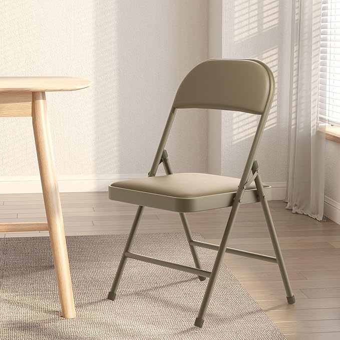 Nazhura 4 Pack Folding Chairs with Padded Vinyl Cushion Chairs with Comfortable Cushion and Durable Steel Frame for Home and Office, for Indoor and Outdoor Events (Kahki Vinyl Padding 4 Pack)