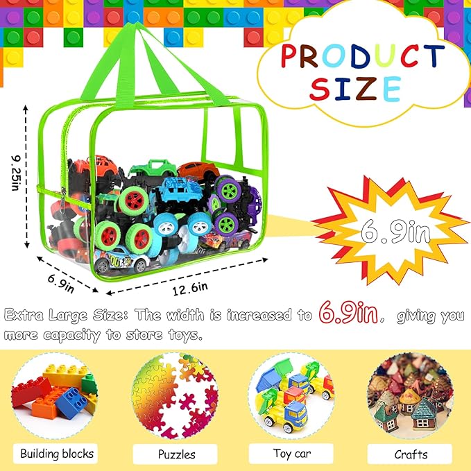 6 Colors Extra Large Toy Storage Bags 12.6×9.25×6.9In with Labels, Reusable Clear PVC Board Game Storage, Travel Waterproof Organizer Bags with Zipper for Building Blocks, Puzzle, Stuffed Animals