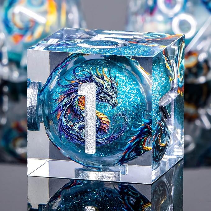 Dragon Pattern Liquid Core DND Dice Set, 7Pcs Sharp Edge D&D Dice with Gift Box, Blue Resin Dungeons Dragons D and D Role Playing Dice D20 D12 D10 D8 D6 D4