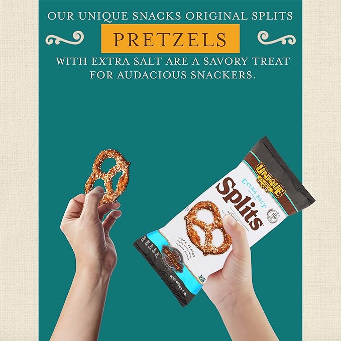 Unique Snacks Extra Salt Splits Pretzels, Original Split-Open Pretzels, Delicious Homestyle Baked Snack Bag, OU Kosher, and Non-GMO Food, No Artificial Flavor, 11 Oz. Bag, Pack of 9