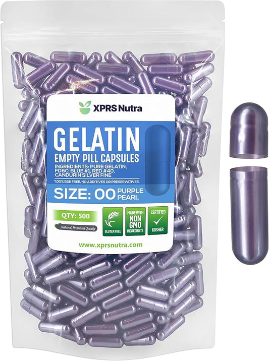 XPRS Nutra Size 00 Empty Capsules - 500 Count Empty Gelatin Capsules - Pills DIY Capsule Filling - Fillable Pill Gel Caps for DIY Supplements (Purple Pearl)