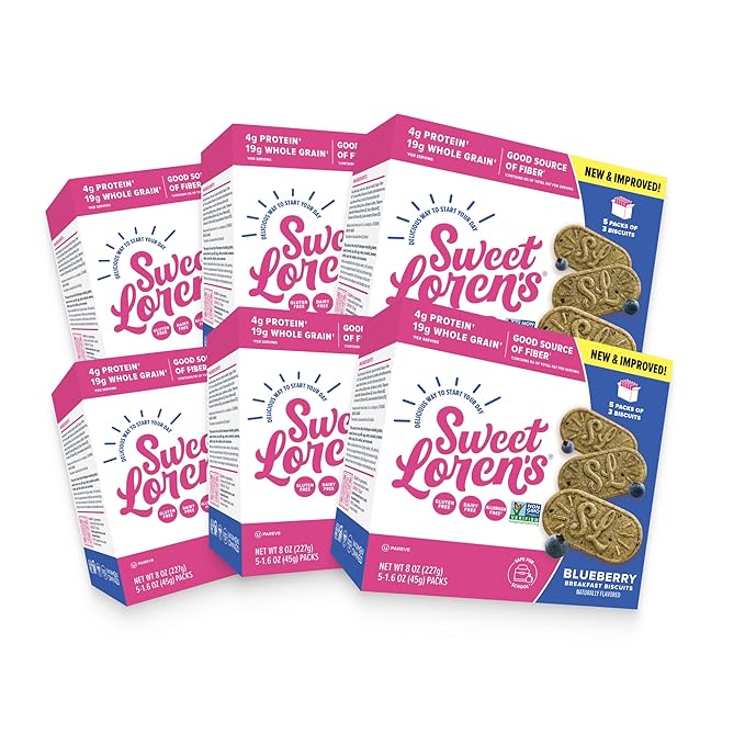 Sweet Loren's Vegan Breakfast Biscuits | Blueberry | 4g Protein, 19g Whole Grains | Plant Based, Gluten Free, Dairy Free, Nut Free Snacks | 6 Pack (30 Total Biscuits, 1.6 ounce each)