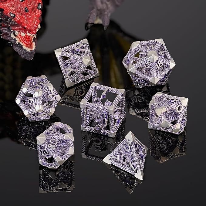 DND Dice, HNCCESG Purple White Dragon Hollow Metal Polyhedral Dice Set for Dungeons and Dragons Dice RPG MTG Table Board Games (Purple White Dragon)