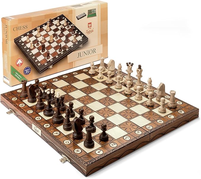 Wegiel Handmade Junior European International Chess Set - 16 Inch Luxury Wooden Chess Set for Adults and Kids, Premium Beech and Birch Wood - Unique Folding Design with Storage