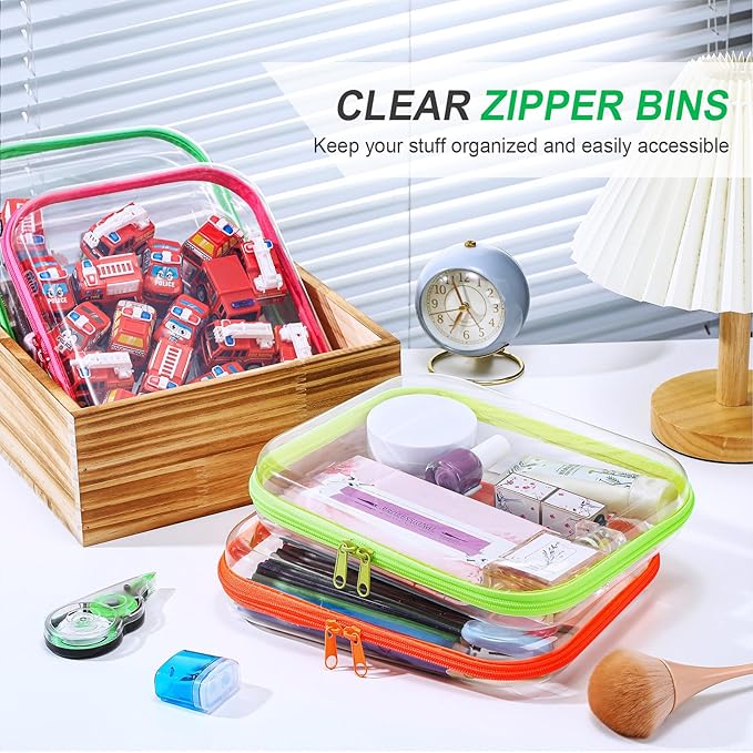 Hoolerry 4 Pcs Hard Clear Zipper Case Transparent Cases for Snacks Makeup Bag Plastic Storage Box Containers for Building Blocks, Puzzles, Cosmetics (Fluorescent,9.8 x 7.9 x 2 in)