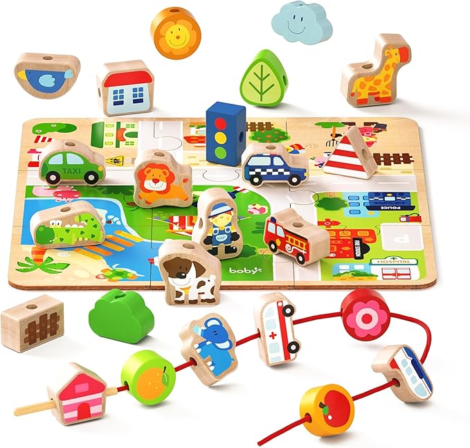 24-Piece Real Wood Bead Threading Puzzle Blocks with Traffic Scenario Game Board - Kids' Educational Toy Set with 2 Stringing Sticks & Cotton Storage Bag(Ages 3-6)