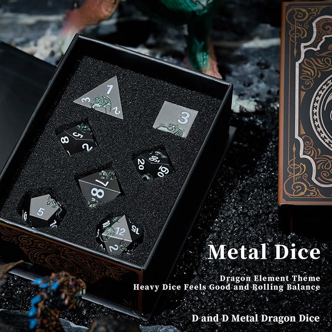 D&D Dice Set Metal Dragon Polyhedral DND Dice Set with Dragon Gift Box for Game Dice Dungeons and Dragons TTRPG(Black with Glitter Green Dragon)