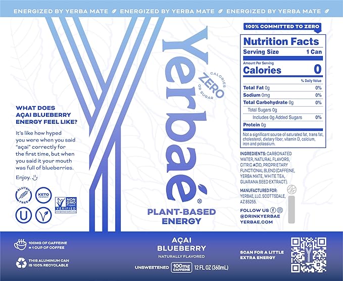 Yerbaé Energy Seltzer - Variety Performance Pack. No Sugar/Calories/Carbs. Energized by Yerba Mate Naturally Caffeinated Plant-Based, Healthy Alternative to Coffee/Sugary Sodas, Pack of 12, 12oz cans