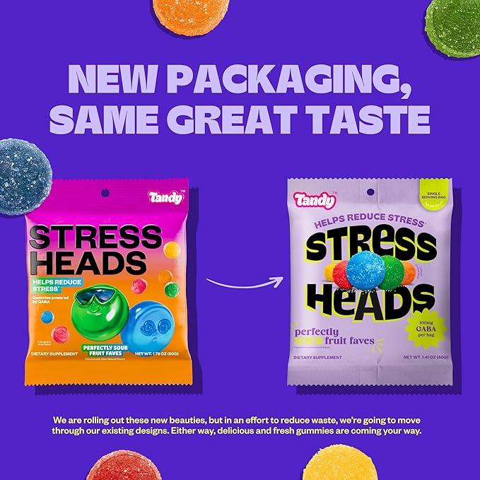 Tandy Stress Heads GABA Amino Acids Gummies I Perfectly Sour Fruit Faves Flavor Gummies Helps Support Stress Relief I Gluten-Free Fast-Acting Dietary Supplement Gummy I 6-Pack