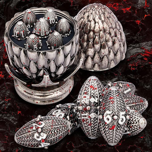 ARUOHHA DND Metal Dice Blood Splatter Dragon Egg Dice with Rotating Dragon Egg Shell, Role Playing Game RPG Polyhedral D and D Dice Set D20 D12 D10 D8 D6 D4