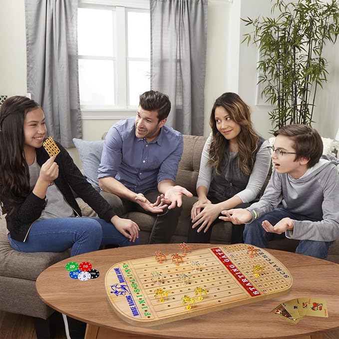 Horse Race Board Game, 23IN Horse Racing Board Game for Adults with Wooden Horse Game Board, 11 Luxurious Metal Horses, 100PCS Chips, 2 Wooden Dice and 2 Decks of Cards