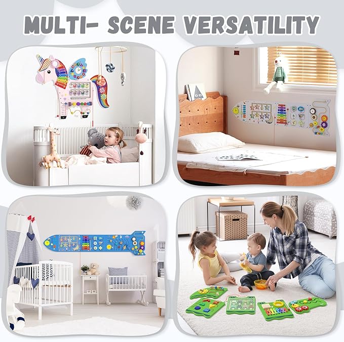 Rocket Sensory Wall Panel for Kids - Montessori Toddler Activity Board, Busy Board Panels, Wall Toys for Toddlers 3, Activity Cube, White Grey