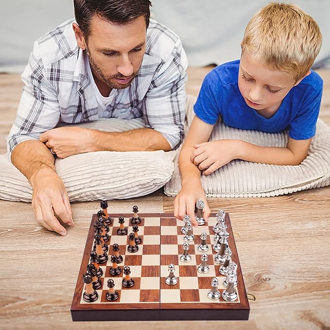 15" Metal Chess Sets for Adults with Zinc Alloy + Acrylic Chess Pieces & Portable Folding Wooden Chess Board Travel Chess Set Board Game Gift – Elegant Metal Chessmen & Storage Box