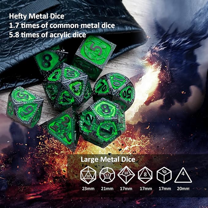 Haxtec Metal Dice Set Green Black Dragon Pattern Metal DND Dice with Leather Dice Bag Polyhedral D&D Dice for Dungeons and Dragons TTRPG Gifts