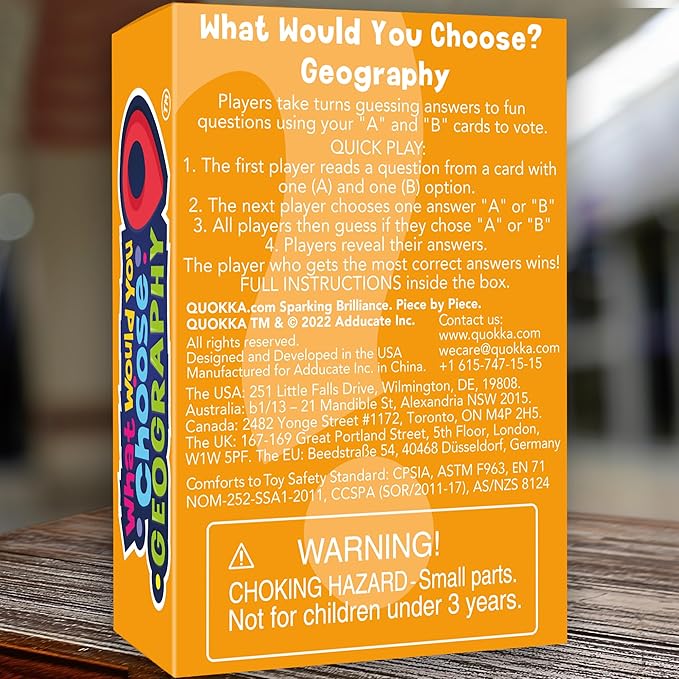 QUOKKA Board Game for 8-12 Year Olds - Geography Edition - Family Card Game for Kids Ages 5-8 - What Would You Choose | Pick Your Answer | Get to Know You - Fun Game Night for Boys & Girls