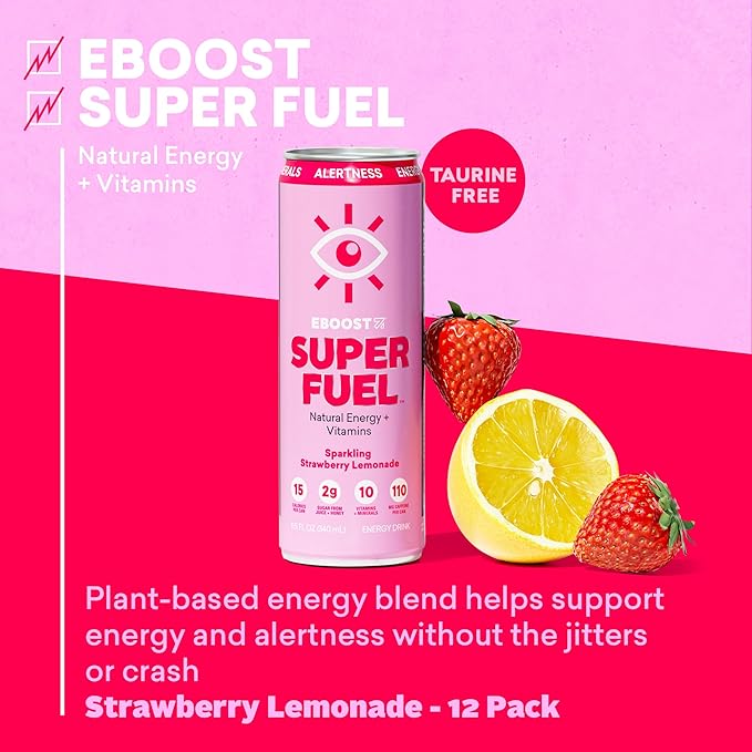 EBOOST Super Fuel Energy Drink - Strawberry Lemonade - 12 Pack x 11.5 Fl Oz - Caffeine from Natural & Clean Ingredients - Essential Electrolytes, Nootropics, and Vitamins - Sports Preworkout Drink