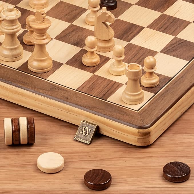 A&A 15" Magnetic Wooden Chess Set/Folding Board / 3" King Height German Knight Staunton Chess Pieces/Mahogany & Maple Inlaid /2 Extra Queen