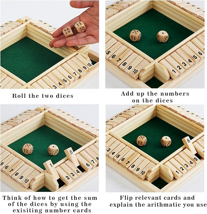 DC-BEAUTIFUL Shut The Box Dice Game, 2-4 Players Classic Board Game for Adults, Wooden Tabletop Game with Dices and Instruction,Math Strategy Game for Christmas Party (Green)