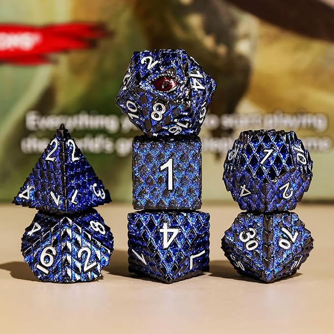 Metal Dice Set D&D,7 PCS Dragon Scale Metallic DND Dice Set,Dragon Eye Metal Dice with Gift Metal Box for Dungeons and Dragon Tabletop Game (Glitter Blue Dragon Scale & Red Eye)