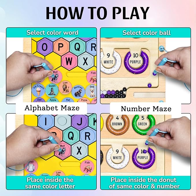 2 in 1 Double Side Magnetic Color and Number Maze, Montessori Alphabet Maze Board Toddlers toys for 3+ years old, Magnet Puzzle Learning Counting Color Matching Toy Gifts for kids Girls Boys