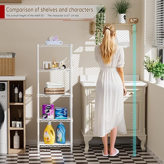 Small 5 tire Shelves Storage Wire Shelving Unit Metal Shelf Adjustable Organizers Storage Shelving for Bathroom Laundry Room Kitchen Pantry10”D x 16”W x 55”H White