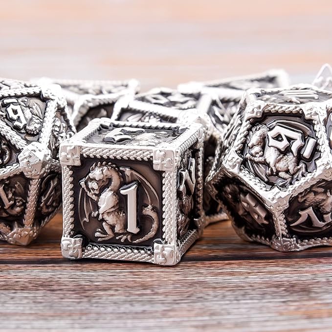 AUSTOR 7-Die Metal DND Dice Set Dungeons and Dragons Polyhedral Roll Playing Dice with Box D20 D12 D10 D% D8 D6 D4 for Pathfinder MTG RPG Board Games