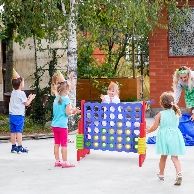 Giant 4-in-A-Row Connect Game Outdoor, Jumbo 4-to-Score Yard Games for Kids and Adults with Basketball Hoop Outdoor Party Family Holiday Games with 42 Rings & Quick-Release Slider