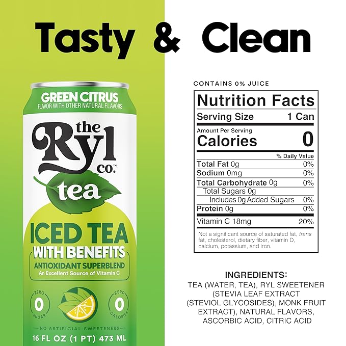 Ryl Iced Tea, Green Citrus Tea, Antioxidant Superblend, Zero Sugar, Low Carb, Zero Calorie - 16.0 Fl Oz (12-Pack)